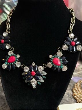 Bold Pink & Navy Crystal Floral Statement Necklace